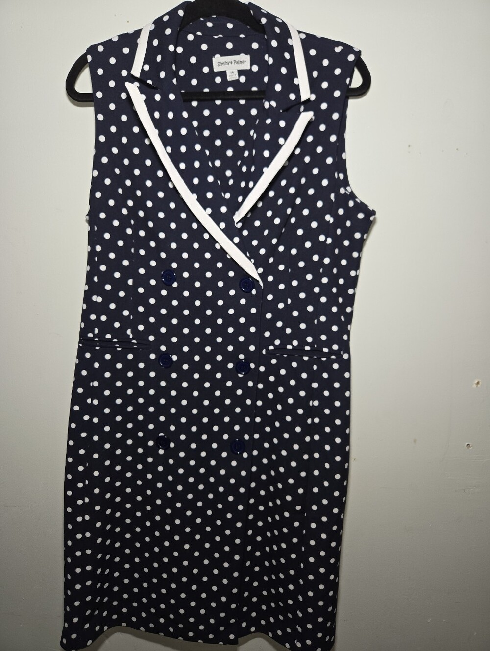 Shelby & Palmer Navy and White Polka Dot Sleeveless Double-Breasted Shift Dress